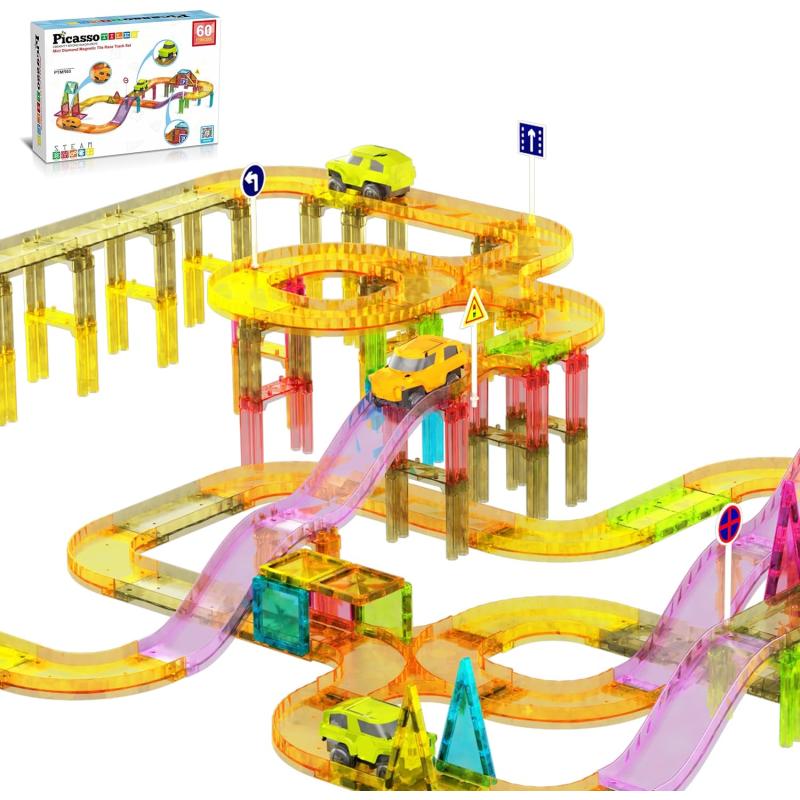 imagePicassoTiles 60pc Race Car Track Magnetic Tiles Travel Toy Sensory Magnet Tile Toys for Toddlers STEM Educational Learning Preschool Play Construction Stacking Blocks Kids Boys Girls Ages 3 PTMR6060pc Race Car Track Magnetic Tiles