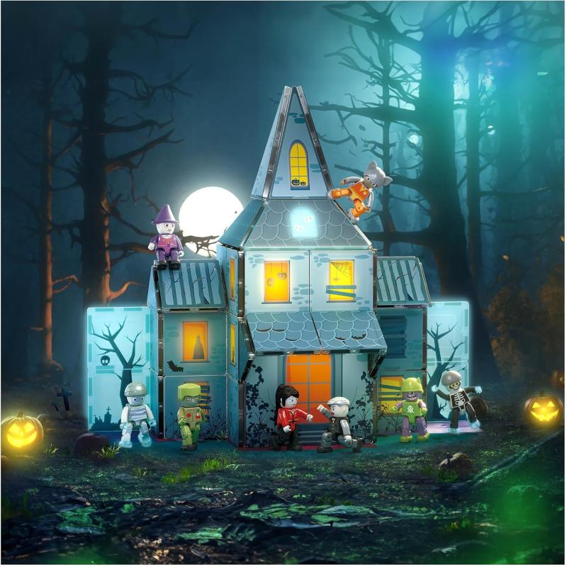 imagePicassoTiles Haunted House Theme Magnet Tile Building Blocks 8 Action Figures Magnetic Construction Toy Double Sided Printing Education STEM Learning Playset Halloween Adventure Kid Ages 3 PTQ03