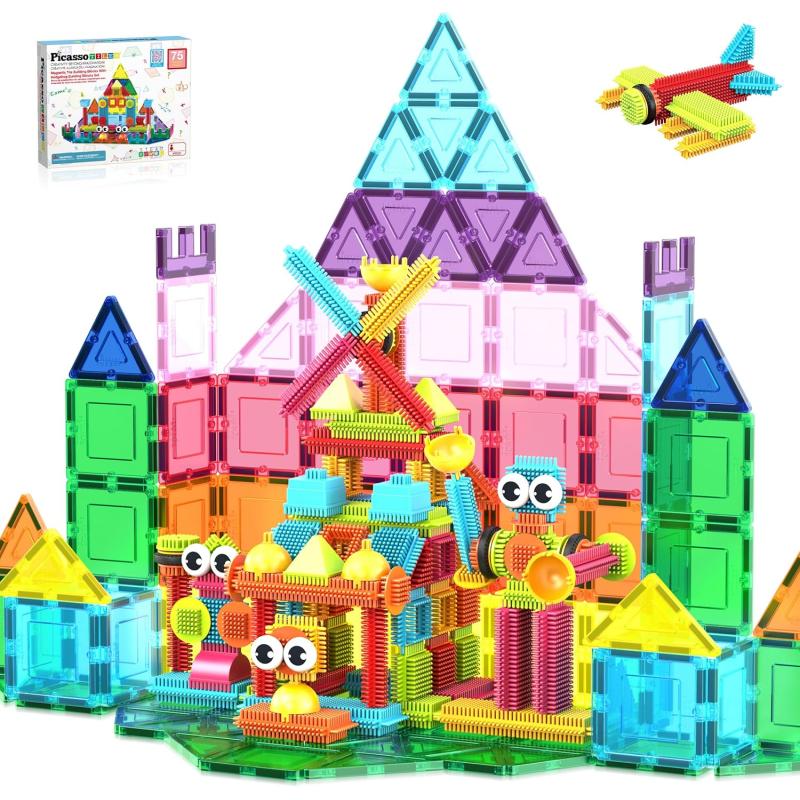 imagePicassoTiles Large Stabilizer Building Block Base Jumbo XL Plate Foundation Kit Magnetic Building Blocks Magnet Tiles Stacking STEM Toy Set75 pcs 2in1