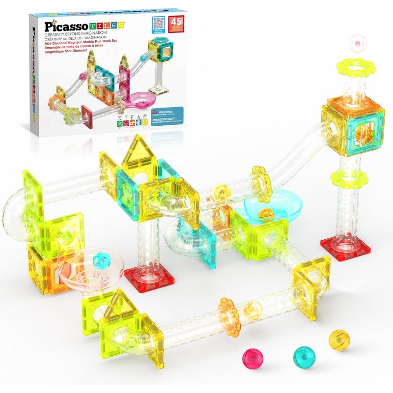 imagePicassoTiles Magnet Tile Building Block 80pc Marble Run Race Track Travel Size Pretend Play Toy With Launcher Lifter STEM Education Learning Magnetic Tiles Construction Kit School Boys Girls 3 PTMG8045pc