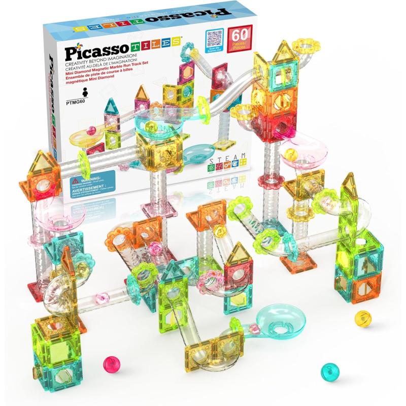 imagePicassoTiles Magnet Tile Building Block 80pc Marble Run Race Track Travel Size Pretend Play Toy With Launcher Lifter STEM Education Learning Magnetic Tiles Construction Kit School Boys Girls 3 PTMG8060pc