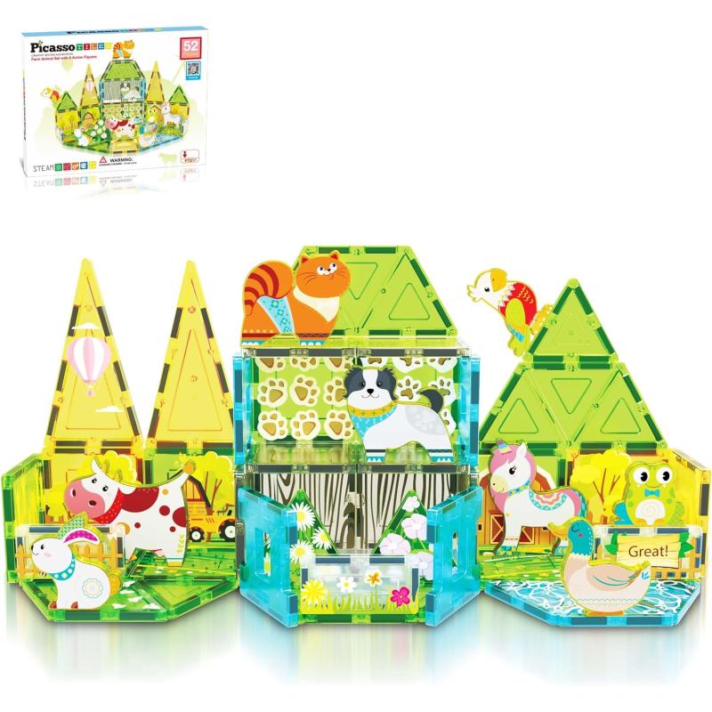 imagePicassoTiles Magnet Tile Building Block Safari Themed Set with 8 Compatible Magnetized Animal Action Figures Build Blocks Toddler Creativity Toys STEAM Educational Learning Skills Ages 3 PTQ12Farm