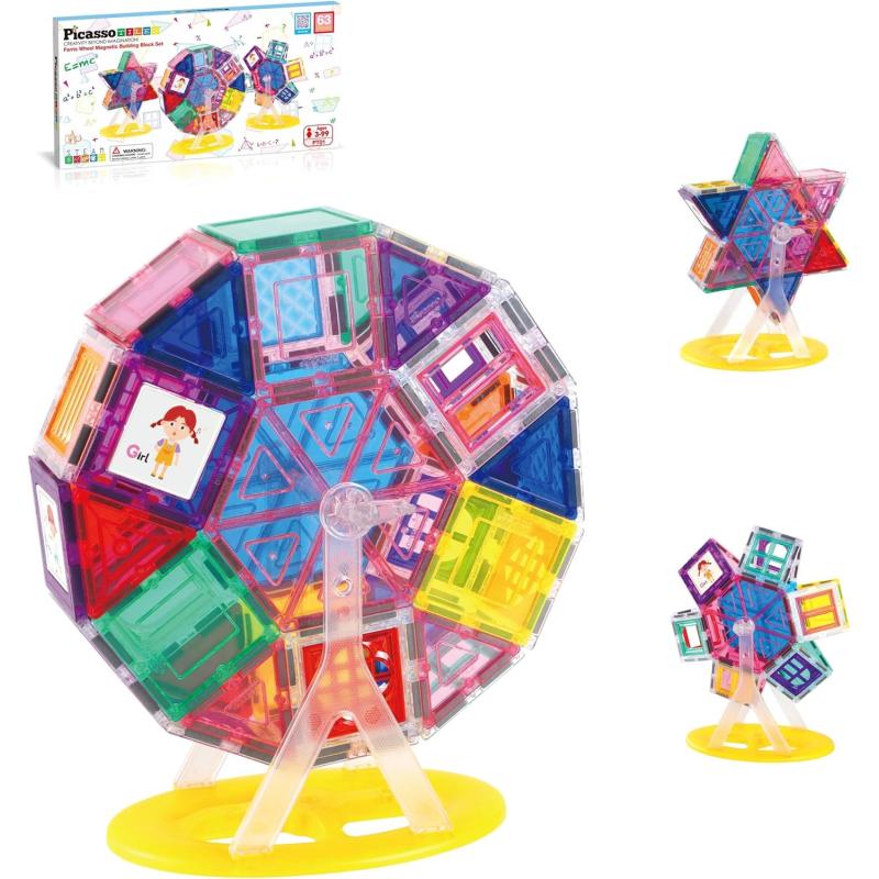 imagePicassoTiles Magnet Tile Building Blocks Ferris Wheel Amusement Rotating Playset Multi Structural Magnetic Tiles Toddlers Kids Educational STEM Learning Kit 3D Construction Block Toy Set Ages 3 PT01