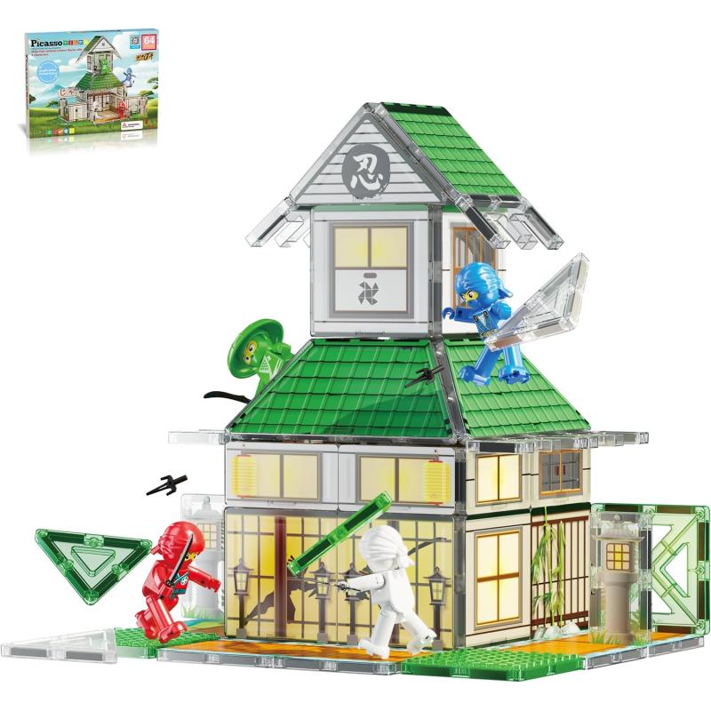 imagePicassoTiles Magnet Tile Building Blocks Ninja Dojo House Theme STEM Playset with 4 Character Action Figure Ninjas Weapon Accessories Magnetic Tiles Educational Toy Pretend Play Toddlers Ages 3 PTQ07