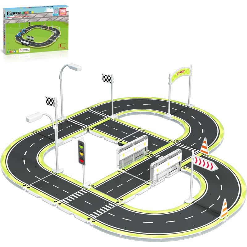 imagePicassoTiles Magnet Tile Car Track Adventure Theme Printed Street Road Runway Speedway Highway Magnetic Building Tiles Block Construction Pretend Play Playset STEM Education Learning Kit Kids 3 PTE16Road w Sign