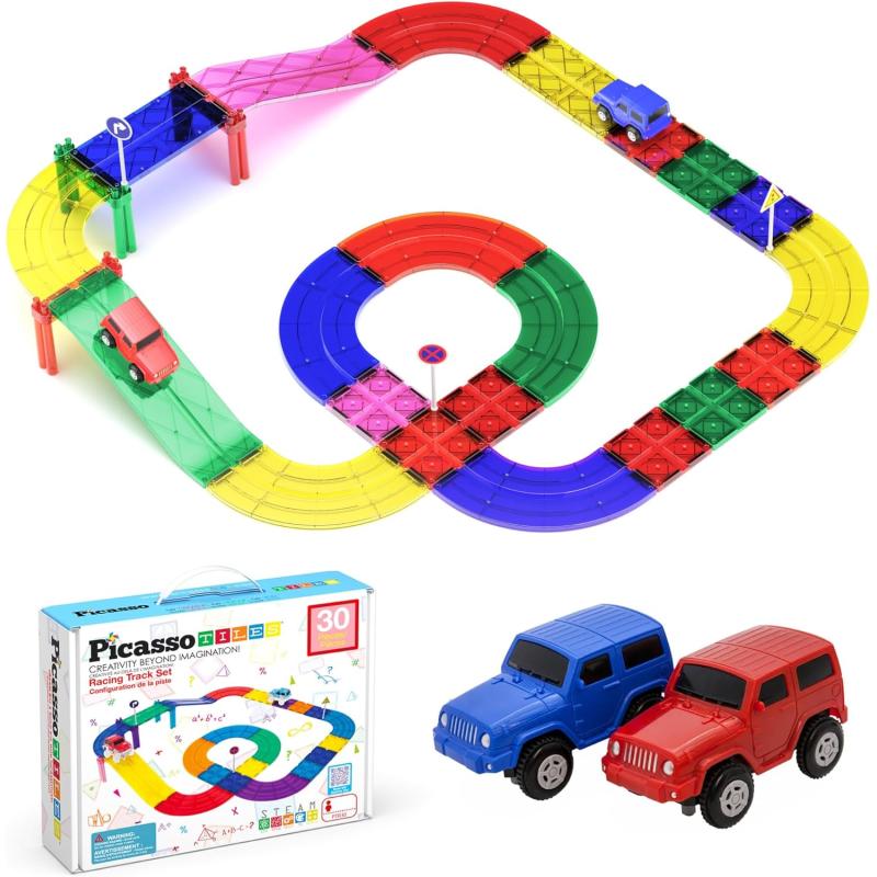 imagePicassoTiles Magnet Tile Car Track Adventure Theme Printed Street Road Runway Speedway Highway Magnetic Building Tiles Block Construction Pretend Play Playset STEM Education Learning Kit Kids 3 PTE1630PC Race Track