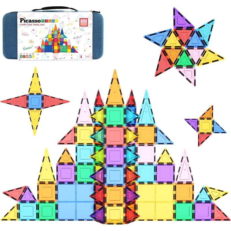 imagePicassoTiles Magnetic Building Block Set Equilateral Triangle Magnet Tiles Construction Toy STEM Learning Kit Educational Playboards Pretend Play Stacking Blocks Child Brain Development PTE01101Pc w Carry Case