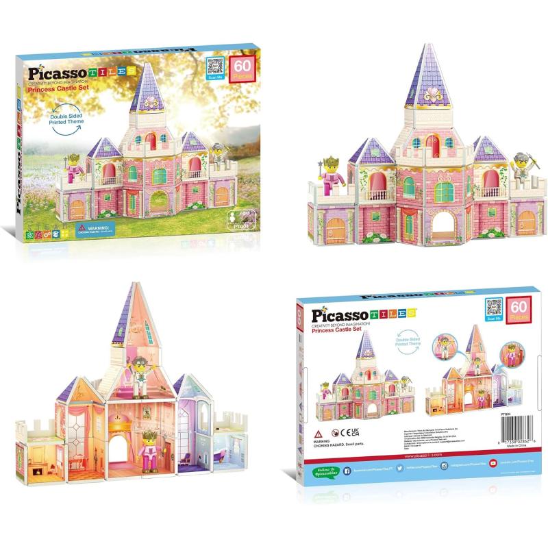 imagePicassoTiles Princess Castle Theme Magnet Tile Building Blocks 2 Action Figures Magnetic Construction Toy Double Sided Printing Education STEM Learning Playset Fantasy Adventure Boy Girl Age 3 PTQ04