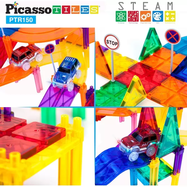 imagePicassoTiles 150 Piece Race Car Track Building Block Educational Toy Set Magnet Tile Magnetic Blocks Playset 4 Cars Early STEM Learning Construction Kit HandEye Fine Motor Skill Brain Training PTR150150 Piece Race Car