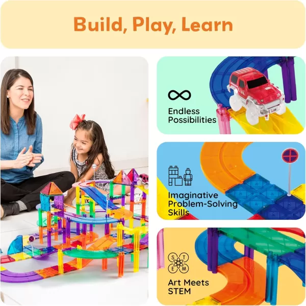 imagePicassoTiles 150 Piece Race Car Track Building Block Educational Toy Set Magnet Tile Magnetic Blocks Playset 4 Cars Early STEM Learning Construction Kit HandEye Fine Motor Skill Brain Training PTR15050 Piece Race Car