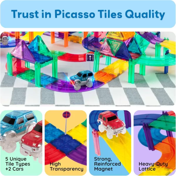 imagePicassoTiles 150 Piece Race Car Track Building Block Educational Toy Set Magnet Tile Magnetic Blocks Playset 4 Cars Early STEM Learning Construction Kit HandEye Fine Motor Skill Brain Training PTR15050 Piece Race Car