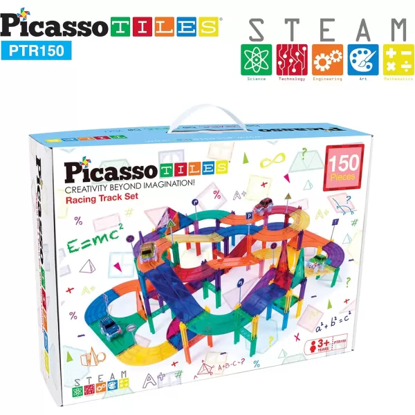 imagePicassoTiles 150 Piece Race Car Track Building Block Educational Toy Set Magnet Tile Magnetic Blocks Playset 4 Cars Early STEM Learning Construction Kit HandEye Fine Motor Skill Brain Training PTR150150 Piece Race Car