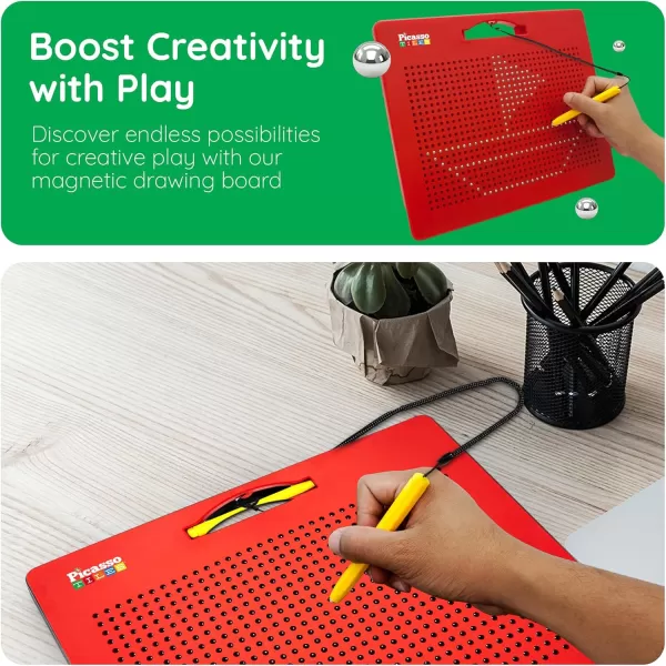 imagePicassoTiles 2in1 Magnetic Drawing Board Toy 12x10 inch Large Magnet Bead Tablet Pad with 2 Facings Alphabets STEM Educational Erasable ampamp Reusable Learning Writing Playboard in Black PTB03Free Red