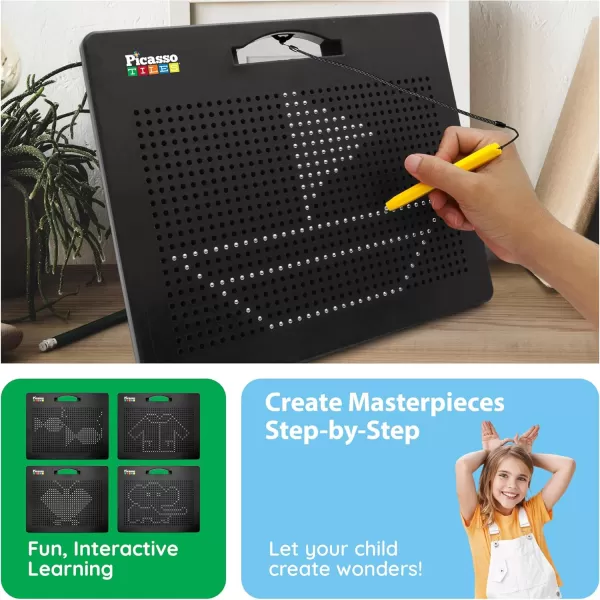 imagePicassoTiles 2in1 Magnetic Drawing Board Toy 12x10 inch Large Magnet Bead Tablet Pad with 2 Facings Alphabets STEM Educational Erasable ampamp Reusable Learning Writing Playboard in Black PTB03Free Black