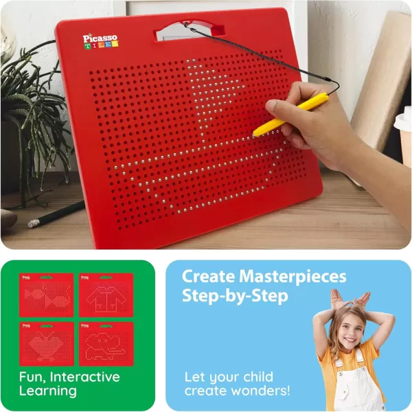 imagePicassoTiles 2in1 Magnetic Drawing Board Toy 12x10 inch Large Magnet Bead Tablet Pad with 2 Facings Alphabets STEM Educational Erasable ampamp Reusable Learning Writing Playboard in Black PTB03Free Red