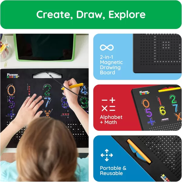 imagePicassoTiles 2in1 Magnetic Drawing Board Toy 12x10 inch Large Magnet Bead Tablet Pad with 2 Facings Alphabets STEM Educational Erasable ampamp Reusable Learning Writing Playboard in Black PTB03AlphabetMath