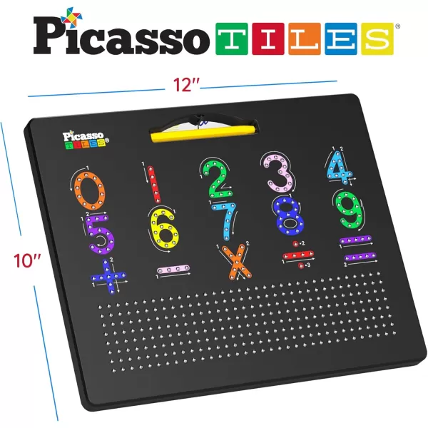 imagePicassoTiles 2in1 Magnetic Drawing Board Toy 12x10 inch Large Magnet Bead Tablet Pad with 2 Facings Alphabets STEM Educational Erasable ampamp Reusable Learning Writing Playboard in Black PTB03AlphabetMath
