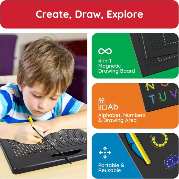 imagePicassoTiles 2in1 Magnetic Drawing Board Toy 12x10 inch Large Magnet Bead Tablet Pad with 2 Facings Alphabets STEM Educational Erasable ampamp Reusable Learning Writing Playboard in Black PTB032pk 4in1