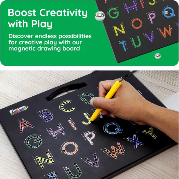 imagePicassoTiles 2in1 Magnetic Drawing Board Toy 12x10 inch Large Magnet Bead Tablet Pad with 2 Facings Alphabets STEM Educational Erasable ampamp Reusable Learning Writing Playboard in Black PTB03AlphabetMath