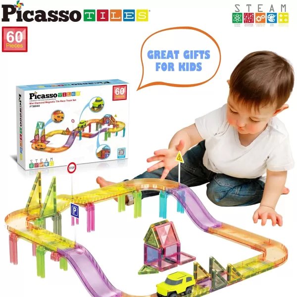 imagePicassoTiles 60pc Race Car Track Magnetic Tiles Travel Toy Sensory Magnet Tile Toys for Toddlers STEM Educational Learning Preschool Play Construction Stacking Blocks Kids Boys Girls Ages 3 PTMR6060pc Race Car Track Magnetic Tiles