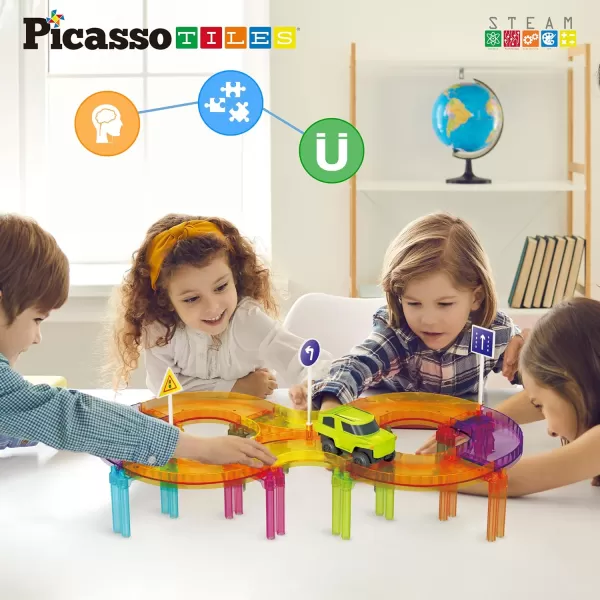 imagePicassoTiles 60pc Race Car Track Magnetic Tiles Travel Toy Sensory Magnet Tile Toys for Toddlers STEM Educational Learning Preschool Play Construction Stacking Blocks Kids Boys Girls Ages 3 PTMR6040pc Race Car Track Magnetic Tiles