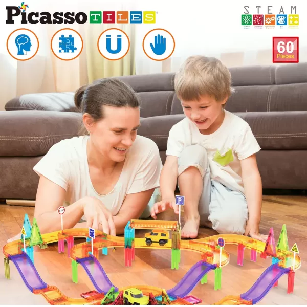 imagePicassoTiles 60pc Race Car Track Magnetic Tiles Travel Toy Sensory Magnet Tile Toys for Toddlers STEM Educational Learning Preschool Play Construction Stacking Blocks Kids Boys Girls Ages 3 PTMR6060pc Race Car Track Magnetic Tiles