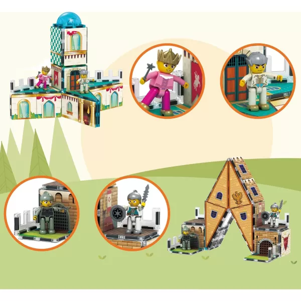 imagePicassoTiles 70pc Middle Age Medieval and Castle Theme Tile 2in1 8 Character Action Figures Magnet Tiles Building Block Pretend Magnetic Play Fine Motor Skill STEM Educational Construction Age3 PTQ01