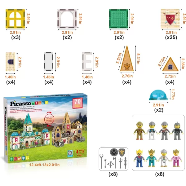 imagePicassoTiles 70pc Middle Age Medieval and Castle Theme Tile 2in1 8 Character Action Figures Magnet Tiles Building Block Pretend Magnetic Play Fine Motor Skill STEM Educational Construction Age3 PTQ01