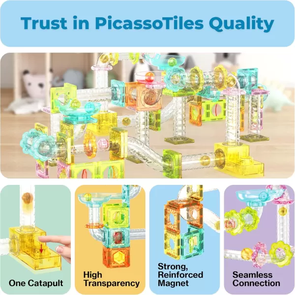 imagePicassoTiles Magnet Tile Building Block 80pc Marble Run Race Track Travel Size Pretend Play Toy With Launcher Lifter STEM Education Learning Magnetic Tiles Construction Kit School Boys Girls 3 PTMG8080pc