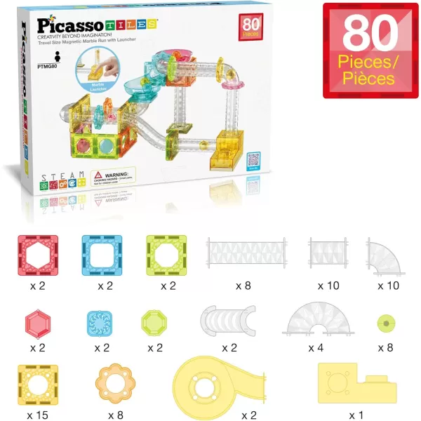 imagePicassoTiles Magnet Tile Building Block 80pc Marble Run Race Track Travel Size Pretend Play Toy With Launcher Lifter STEM Education Learning Magnetic Tiles Construction Kit School Boys Girls 3 PTMG8080pc