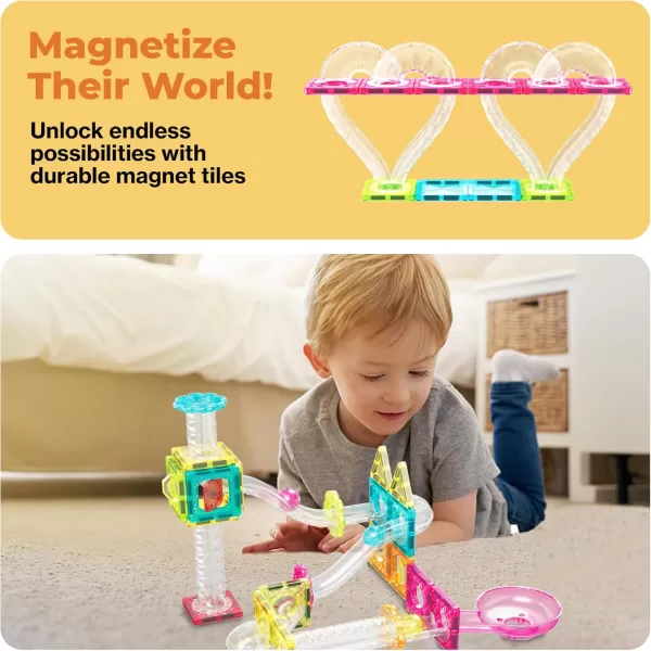imagePicassoTiles Magnet Tile Building Block 80pc Marble Run Race Track Travel Size Pretend Play Toy With Launcher Lifter STEM Education Learning Magnetic Tiles Construction Kit School Boys Girls 3 PTMG8045pc