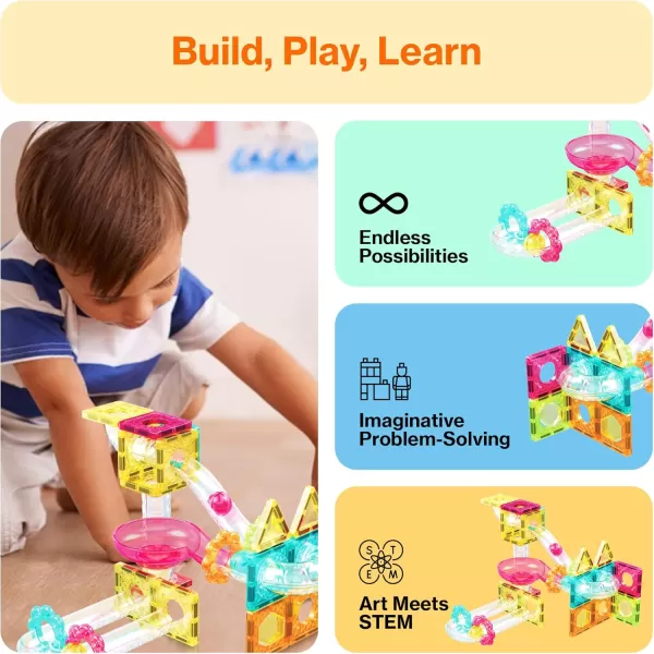 imagePicassoTiles Magnet Tile Building Block 80pc Marble Run Race Track Travel Size Pretend Play Toy With Launcher Lifter STEM Education Learning Magnetic Tiles Construction Kit School Boys Girls 3 PTMG8045pc