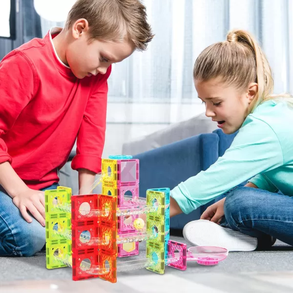 imagePicassoTiles Magnet Tile Building Block 80pc Marble Run Race Track Travel Size Pretend Play Toy With Launcher Lifter STEM Education Learning Magnetic Tiles Construction Kit School Boys Girls 3 PTMG8060pc