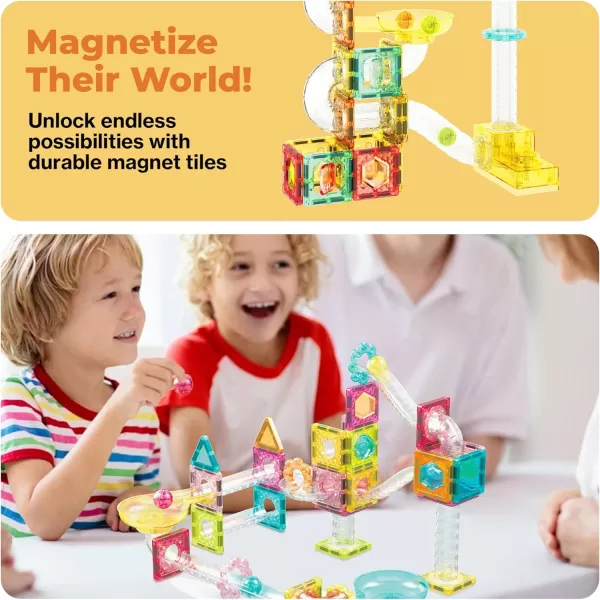 imagePicassoTiles Magnet Tile Building Block 80pc Marble Run Race Track Travel Size Pretend Play Toy With Launcher Lifter STEM Education Learning Magnetic Tiles Construction Kit School Boys Girls 3 PTMG8060pc