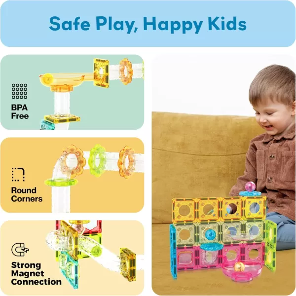 imagePicassoTiles Magnet Tile Building Block 80pc Marble Run Race Track Travel Size Pretend Play Toy With Launcher Lifter STEM Education Learning Magnetic Tiles Construction Kit School Boys Girls 3 PTMG8060pc
