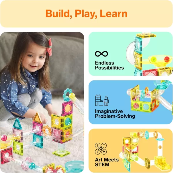 imagePicassoTiles Magnet Tile Building Block 80pc Marble Run Race Track Travel Size Pretend Play Toy With Launcher Lifter STEM Education Learning Magnetic Tiles Construction Kit School Boys Girls 3 PTMG8060pc