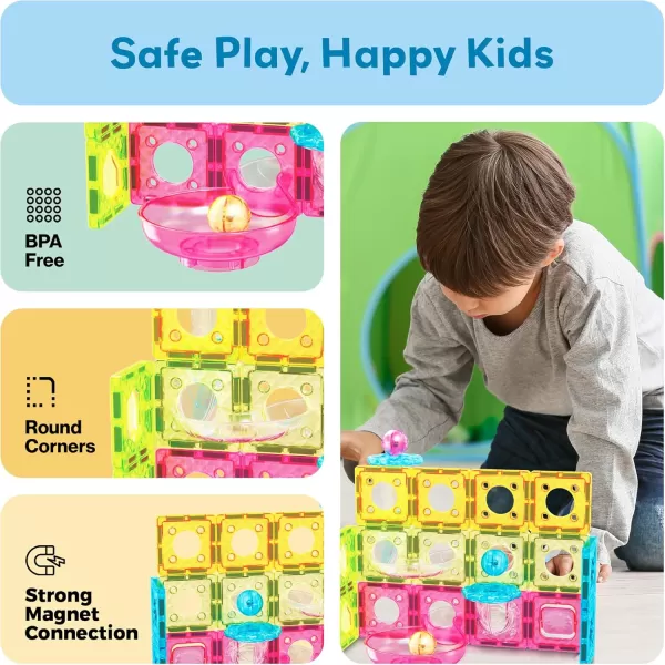 imagePicassoTiles Magnet Tile Building Block 80pc Marble Run Race Track Travel Size Pretend Play Toy With Launcher Lifter STEM Education Learning Magnetic Tiles Construction Kit School Boys Girls 3 PTMG8045pc