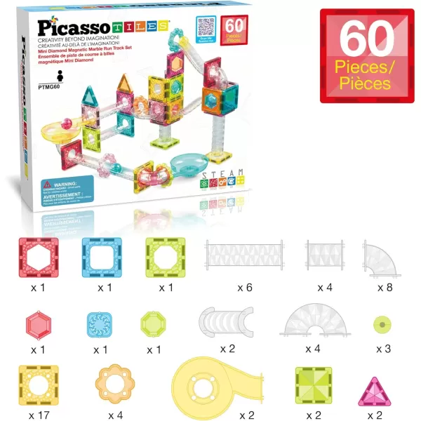 imagePicassoTiles Magnet Tile Building Block 80pc Marble Run Race Track Travel Size Pretend Play Toy With Launcher Lifter STEM Education Learning Magnetic Tiles Construction Kit School Boys Girls 3 PTMG8060pc
