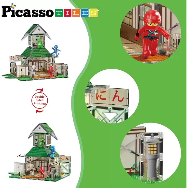 imagePicassoTiles Magnet Tile Building Blocks Ninja Dojo House Theme STEM Playset with 4 Character Action Figure Ninjas Weapon Accessories Magnetic Tiles Educational Toy Pretend Play Toddlers Ages 3 PTQ07