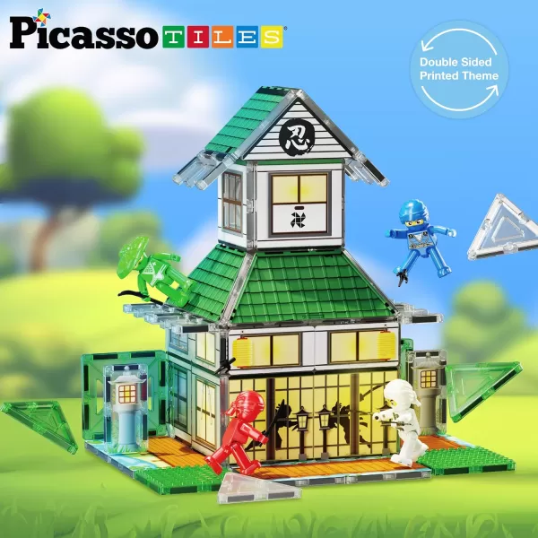 imagePicassoTiles Magnet Tile Building Blocks Ninja Dojo House Theme STEM Playset with 4 Character Action Figure Ninjas Weapon Accessories Magnetic Tiles Educational Toy Pretend Play Toddlers Ages 3 PTQ07