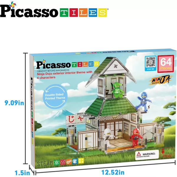 imagePicassoTiles Magnet Tile Building Blocks Ninja Dojo House Theme STEM Playset with 4 Character Action Figure Ninjas Weapon Accessories Magnetic Tiles Educational Toy Pretend Play Toddlers Ages 3 PTQ07