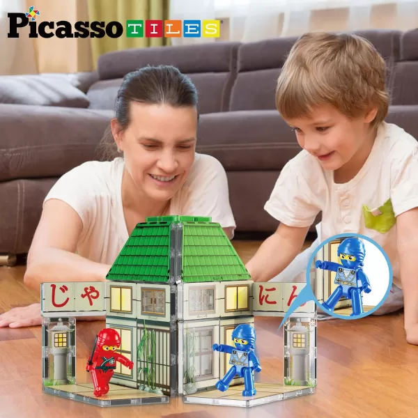 imagePicassoTiles Magnet Tile Building Blocks Ninja Dojo House Theme STEM Playset with 4 Character Action Figure Ninjas Weapon Accessories Magnetic Tiles Educational Toy Pretend Play Toddlers Ages 3 PTQ07