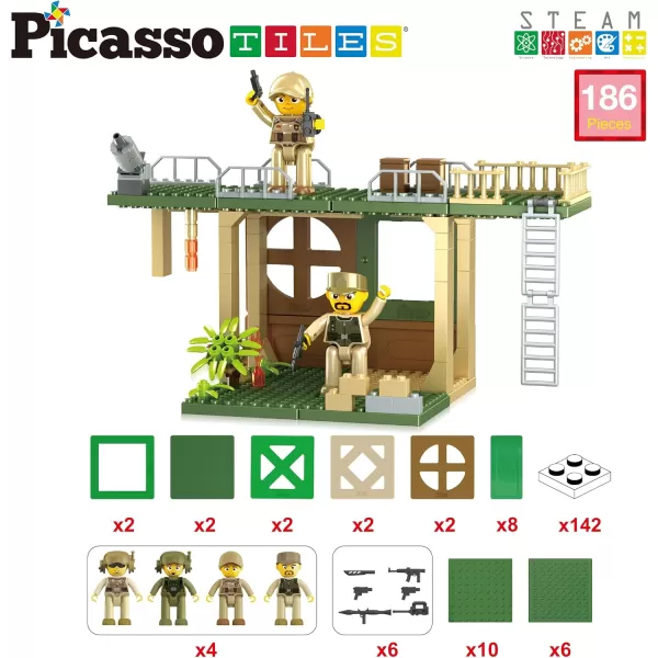 imagePicassoTiles Magnet Tile Building Brick Blocks Military Combat Force Theme Magnetic Tiles Construction Block Playset 4 Character Action Figures with Weapons Interlocking Bricks STEM Toy Ages 3 PTL18186pc