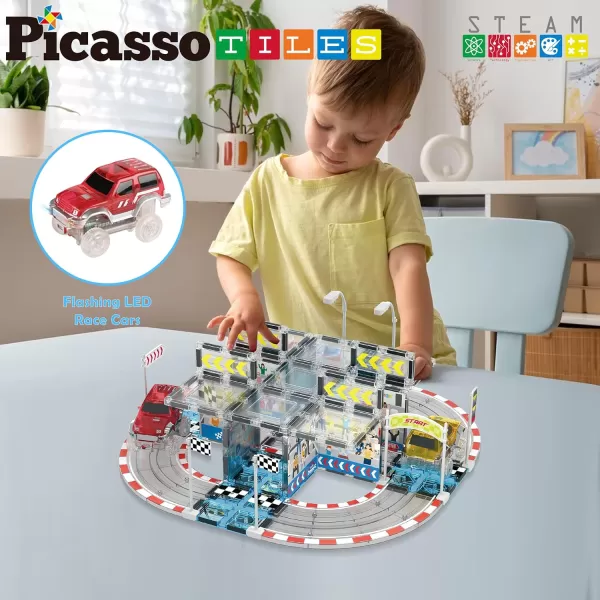 imagePicassoTiles Magnet Tile Car Track Adventure Theme Printed Street Road Runway Speedway Highway Magnetic Building Tiles Block Construction Pretend Play Playset STEM Education Learning Kit Kids 3 PTE1664pc w Stadium Seating