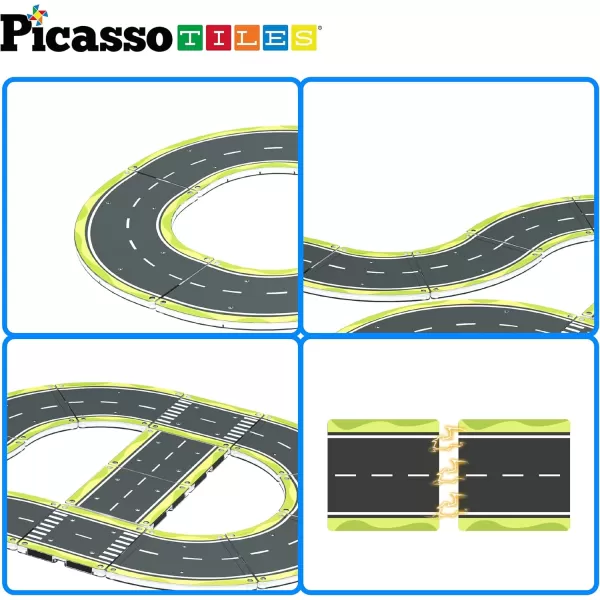 imagePicassoTiles Magnet Tile Car Track Adventure Theme Printed Street Road Runway Speedway Highway Magnetic Building Tiles Block Construction Pretend Play Playset STEM Education Learning Kit Kids 3 PTE16speedway