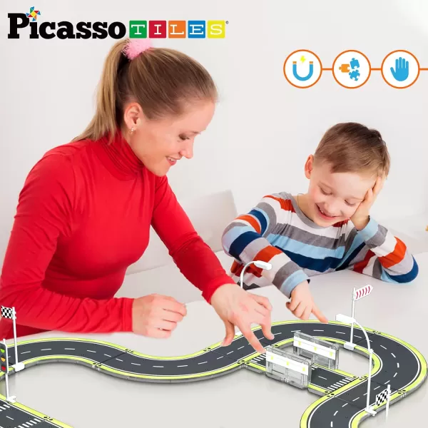 imagePicassoTiles Magnet Tile Car Track Adventure Theme Printed Street Road Runway Speedway Highway Magnetic Building Tiles Block Construction Pretend Play Playset STEM Education Learning Kit Kids 3 PTE16Road w Sign