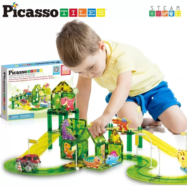 imagePicassoTiles Magnet Tile Car Track Adventure Theme Printed Street Road Runway Speedway Highway Magnetic Building Tiles Block Construction Pretend Play Playset STEM Education Learning Kit Kids 3 PTE1689pc Dinosaur