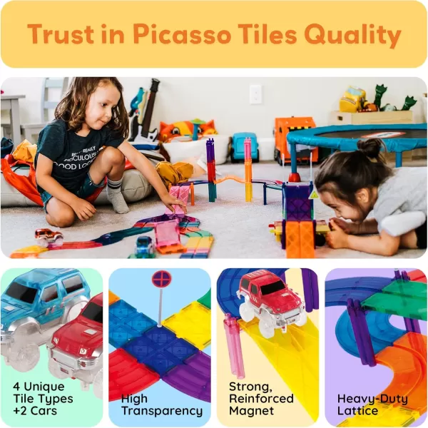 imagePicassoTiles Magnet Tile Car Track Adventure Theme Printed Street Road Runway Speedway Highway Magnetic Building Tiles Block Construction Pretend Play Playset STEM Education Learning Kit Kids 3 PTE1630PC Race Track