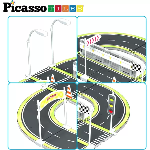 imagePicassoTiles Magnet Tile Car Track Adventure Theme Printed Street Road Runway Speedway Highway Magnetic Building Tiles Block Construction Pretend Play Playset STEM Education Learning Kit Kids 3 PTE16Road w Sign