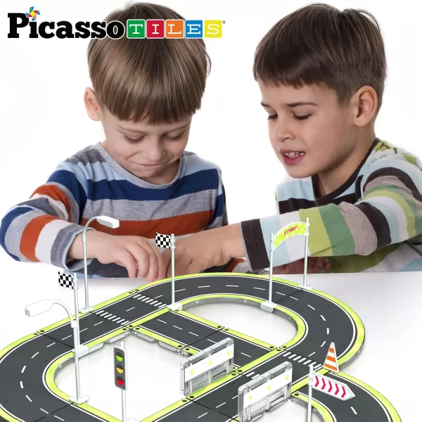 imagePicassoTiles Magnet Tile Car Track Adventure Theme Printed Street Road Runway Speedway Highway Magnetic Building Tiles Block Construction Pretend Play Playset STEM Education Learning Kit Kids 3 PTE16Road w Sign